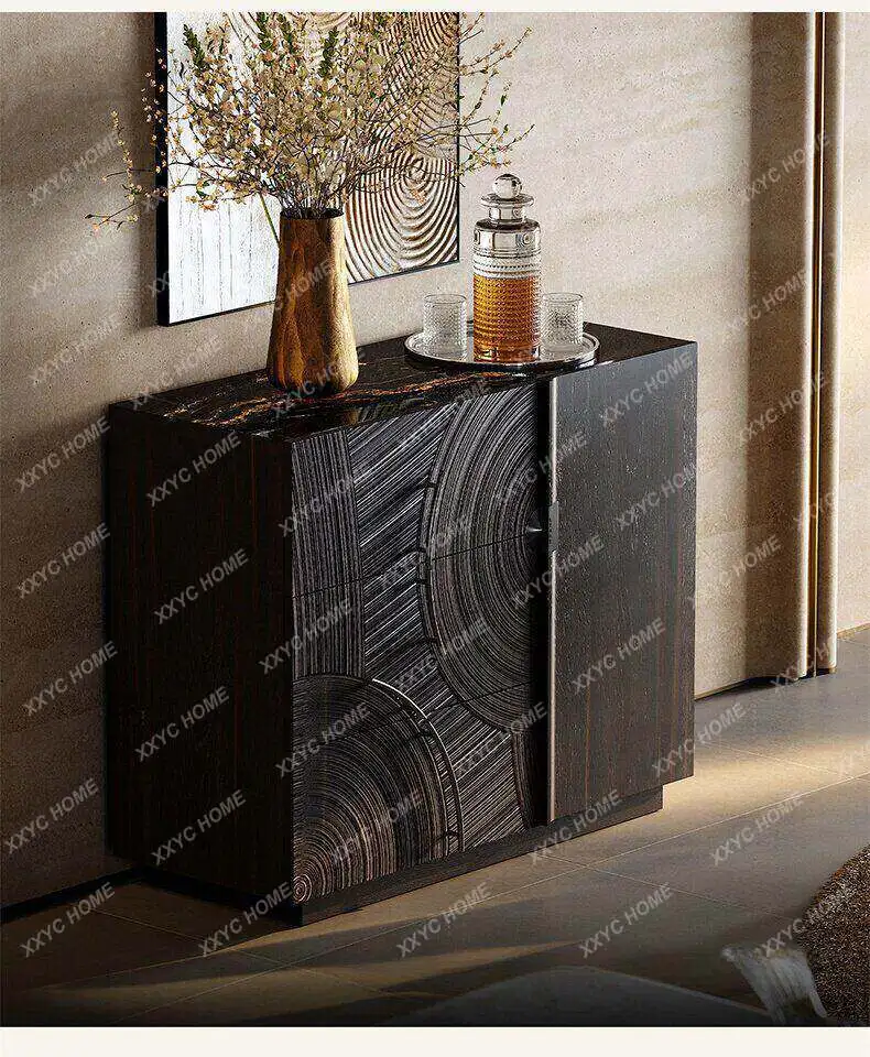 All solid wood, marble side cabinet, high-end, entrance modern starry sky engraving storage cabinet