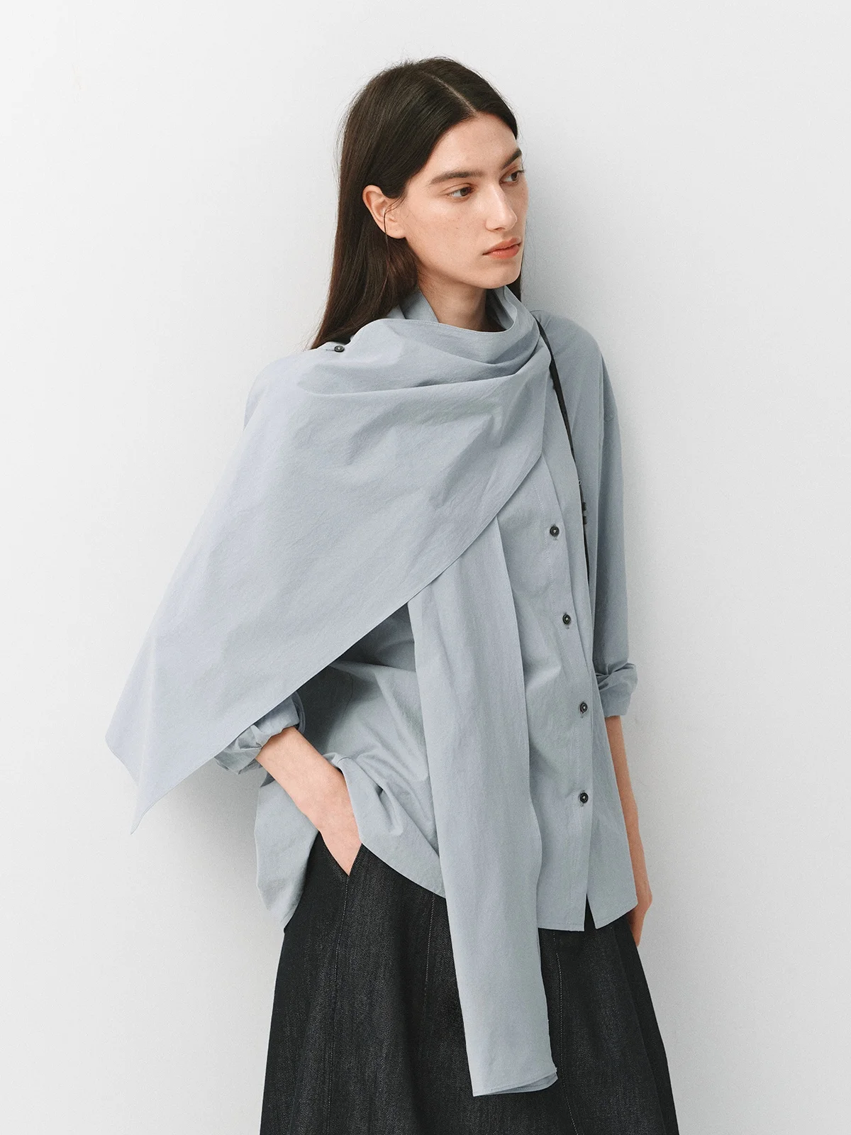

Guoe Women's Cotton Shirt with Sash Loose Fit Breathable Comfortable Micro Wrinkle Texture Design Spring Summer Casual Wear