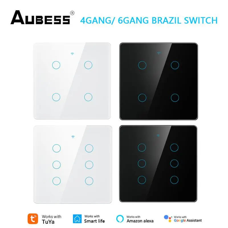 Tuya Wifi Smart Switch, Ac 110-220V Brazil 4X4 Touch Panel 4/6 Corridor Light Switch, App Control Work With Alexa,Google Home