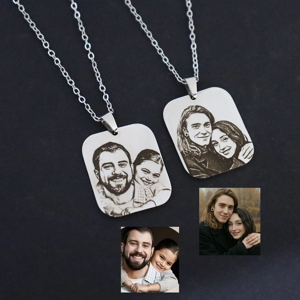 Custom Rectangle People Portrait Necklace Picture Pendant Personalized Handmade Jewelry Disc Name Person Engraved Birthday Gift