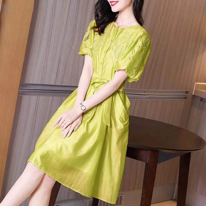 Summer Women Dress 2022 New French Temperament Vintage Matching Age-Reducing Bubble Sleeve a Word Waist Closed Puffy Skirt Dress