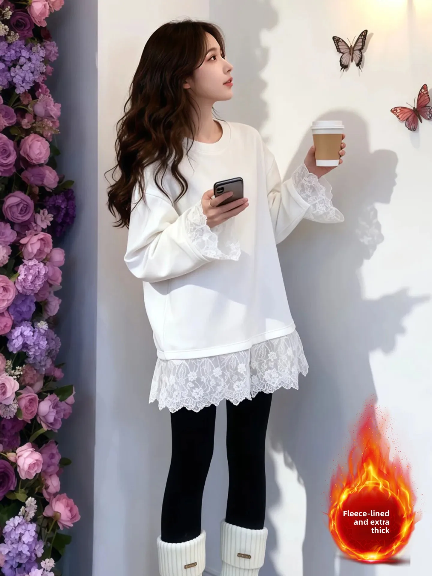 플러스 사이즈 양면 벨벳 화이트 미디 길이 레이스 롱 스웨터 여성 가을 겨울 신상 슬리브리스 베이스 레이어 탑