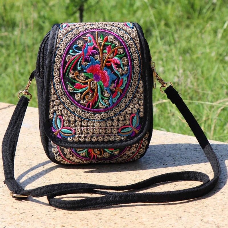 Popular Yunnan Ethnic Style Mobile Phone Bag Double Layer Flap Canvas Bag Embroidered Bag Embroidered Mini Bag Zero Wallet