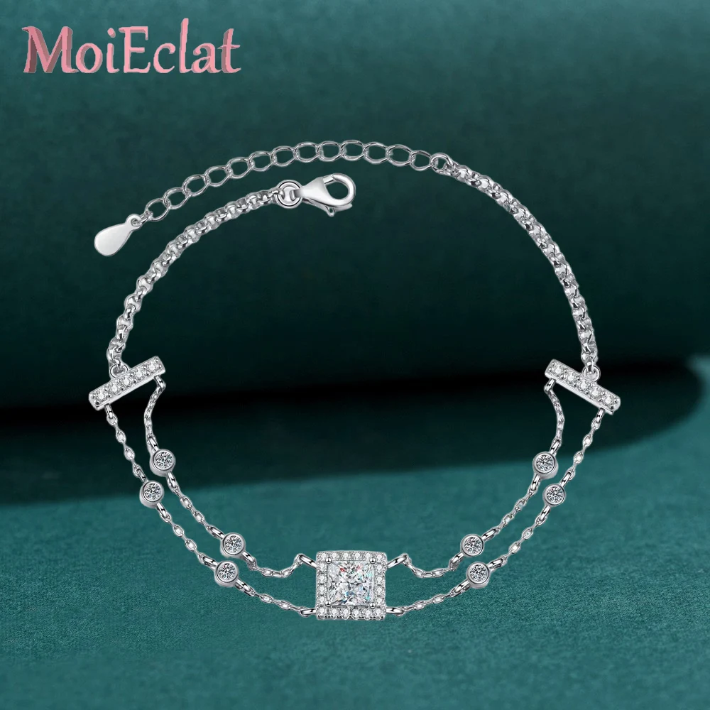 

Luxury 1 Carat Blue Square Moissanite Bracelet, Sparkling Platinum PT950 Double Chain Design Female Wedding Fine Jewelry Gift