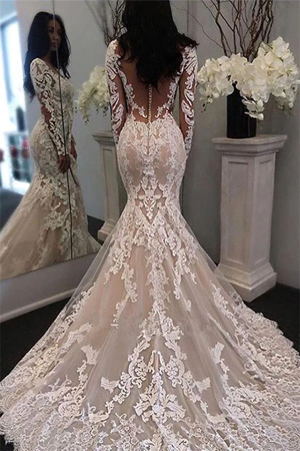 Exquisite Lace Wedding Dresses For Women Mermaid Full Sleeve Backless Appliques Embroidery Illusion Bridal Gown Vestido De Novia