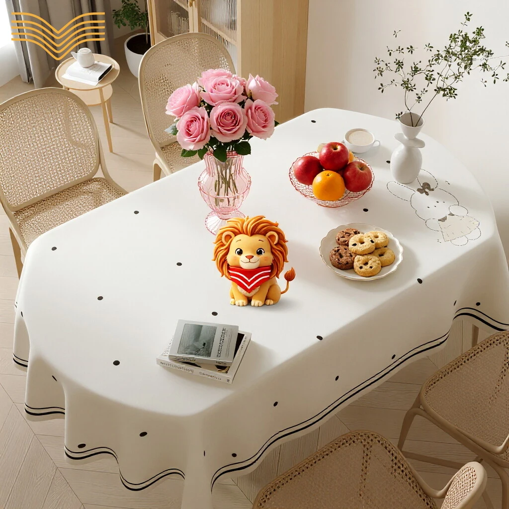 Cream Style Dot Oval Tablecloth Cute Fresh Cartoon Printed Desk Cloth Waterproof Oilproof Wipe Clean Table Cover Easy Care