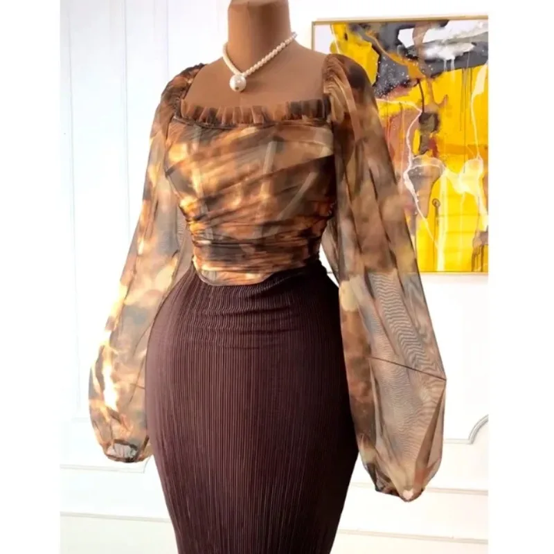 

New square collar lantern sleeve shirt high waisted skirt two-piece set