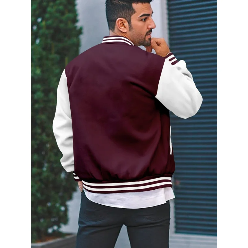 Varsity Jacket Men Color Block Button Up Baseball Coat Striped Rib Cuff Casual Street School Daily Outdoor Outerwear
