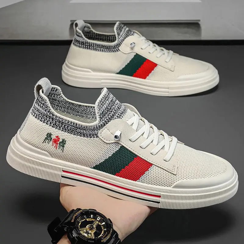 Men's Fashion Air Mesh Sneakers Beige Green Red Stripe Embroidered Casual Shoes Breathable Lightweight Non-slip Walking Shoes