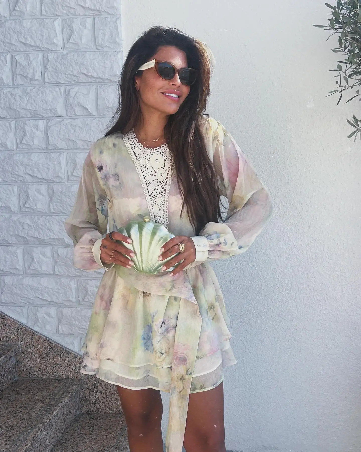 

Floral Print Tiered Mini Dresses Women Crochet Patchwork O Neck Long Sleeve A-line Vestidos Summer Elegant Casual Lace-up Dress