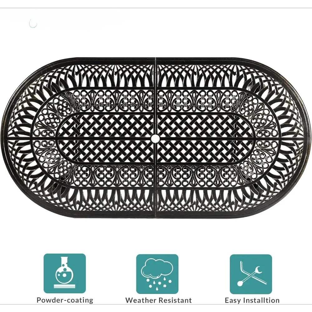 Juego de comedor de muebles de exterior de 9 piezas, con 8 sillas, 1 mesa ovalada, orificio para sombrilla de 2 ", juego de jardín de patio de aluminio fundido para todo tipo de clima