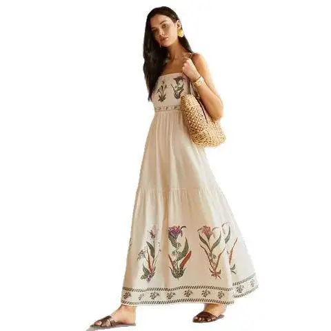 فستان ماكسي فضفاض بدون حمالات مطبوع للربيع والصيف، تصميم جديد للنساء، فستان طويل كاجوال بخصر مطاطي وأكمام طويلة على الطراز ال...