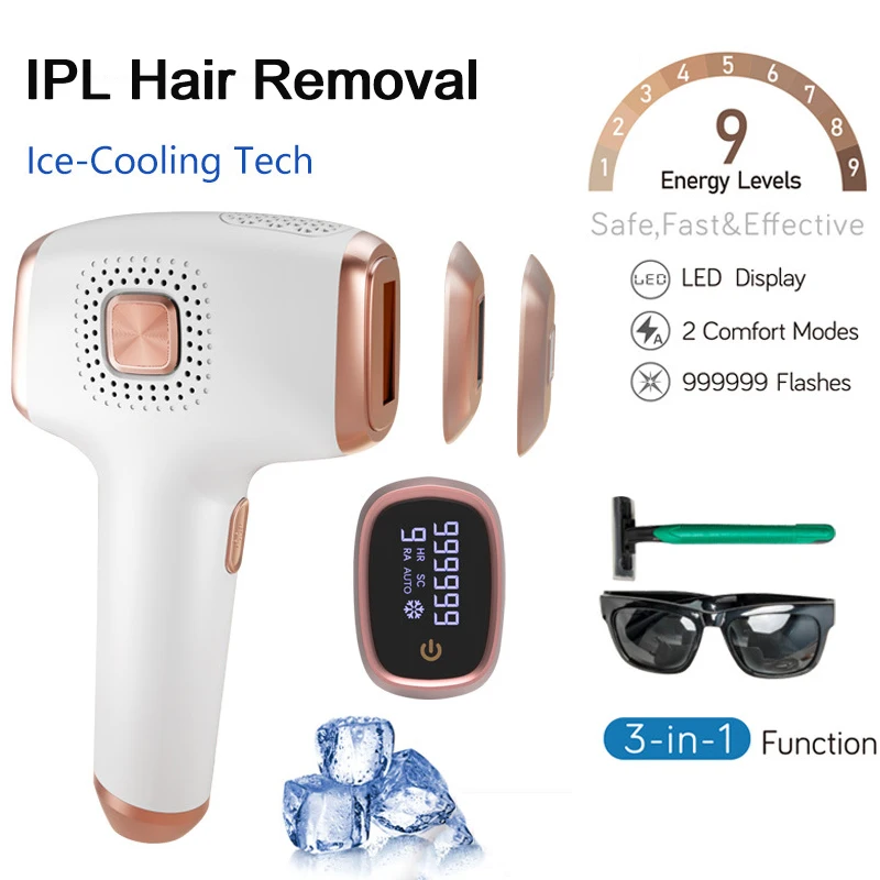 3-in-1 IPL Hair Removal with Ice Cooling Care Function for Women Permanent,999,999 Flashes Painless IPL Hair Remover Device
