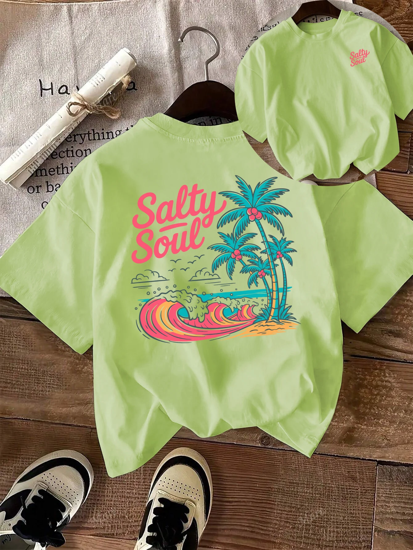 

Salty Soul Coconut Tree Beach Printing T Shirt Womens Summer Casual Top Soft All-Match Clothes Oversized Cotton Short Sleeve