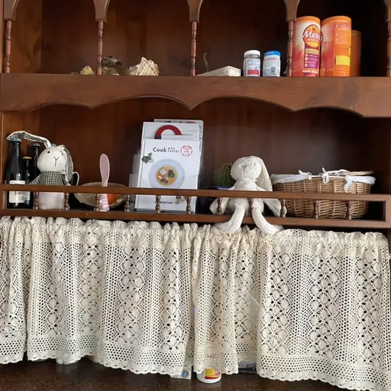 1PCS Knitted Lace Tiers Short Curtains for Kitchen Cabinet Toilet Crocheted Beige Hollow Hole Lace Floral Door Cafe Decroation