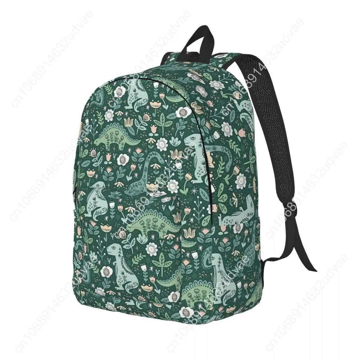 Folk Floral Dinosaur Backpack for Boy Girl Kids Student School Bookbag Cute Dino Green Canvas Daypack Kindergarten Primary Bag