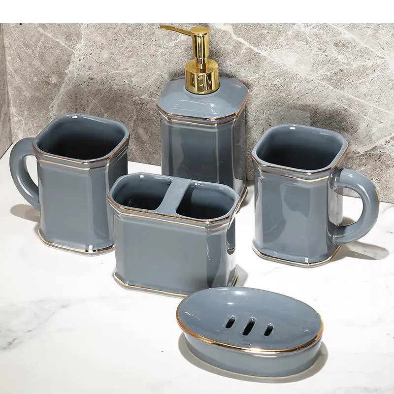 

Nordic Bathroom Kit Ceramic Home Liquid Soap Bottle Toothbrush Holder Mouth Cup Soap Holders Wash Accessories Five Piece Set