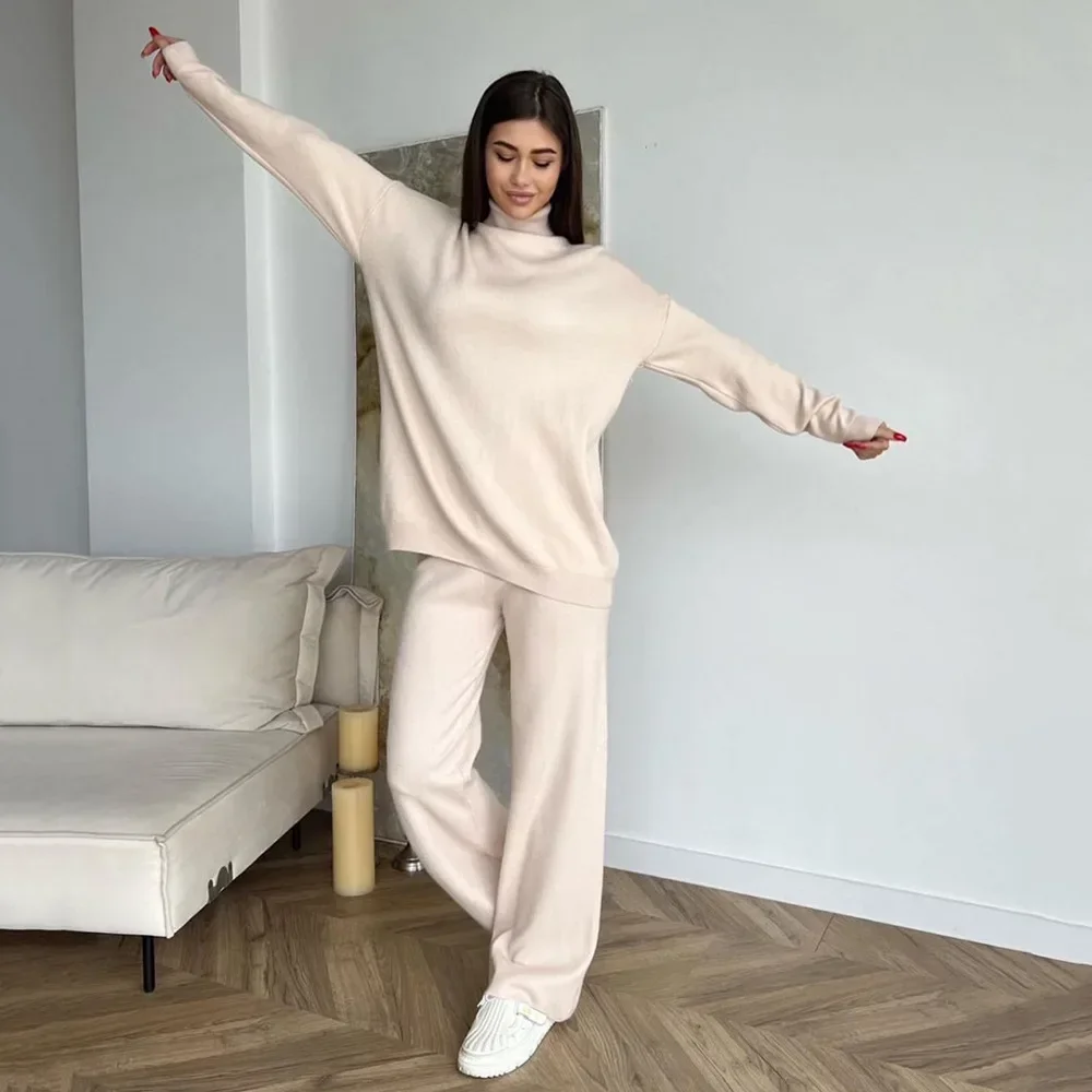 

Two Piece Sets Women 2025 Turtleneck Loose Casual Y2k Tops Knitted Simple Work Elegant Wide Leg Long Pants Set Autumn Winter