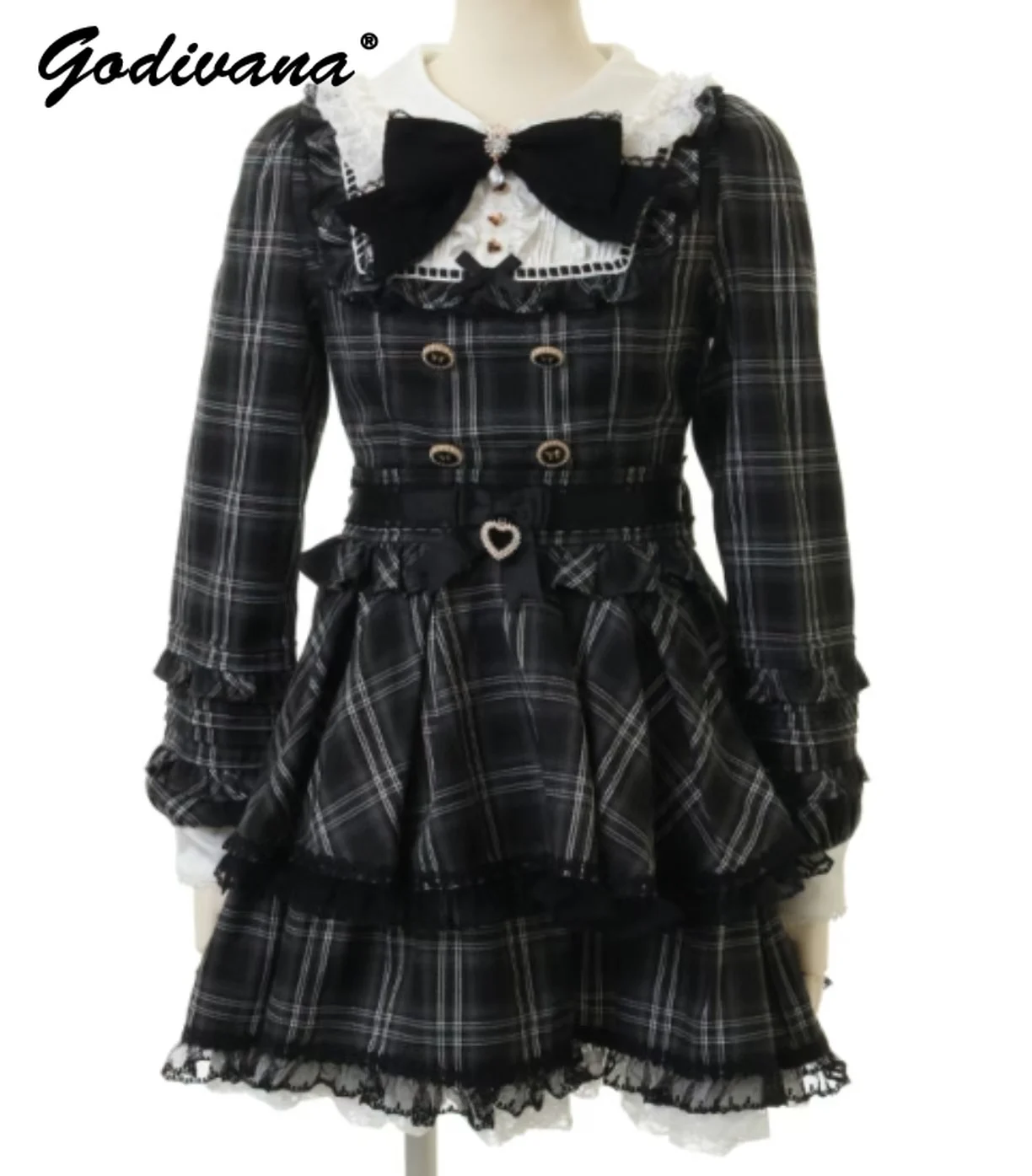 New Japanese Liz Autumn Winter Double-layer Lace Spliced Long Sleeve Plaid Dress Girl Women's Sweet Bow Lolita Short Dresses