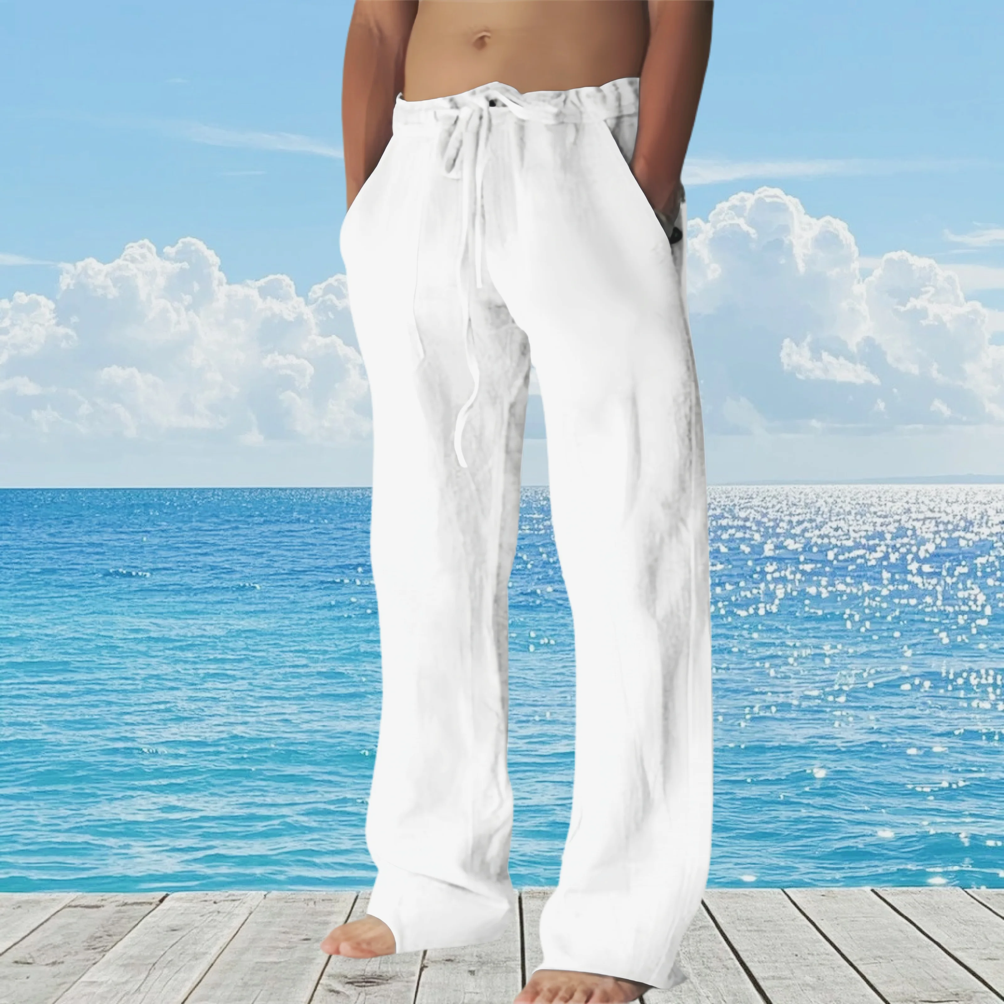 

2025 Men's Linen Cotton Pants Summer Wide Leg Breathable Joggers High Waist Lightweight Beach Travel Pants S-5XL