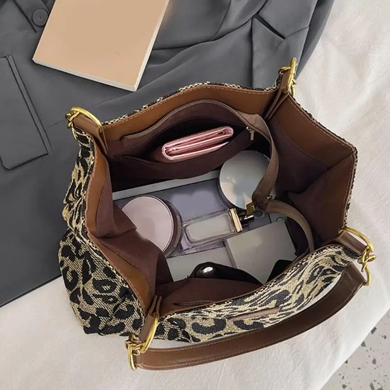 

X90D Roomy Leopards Pattern Evening Bag Soft Canvas Shoulder Bag Travel Work Essential