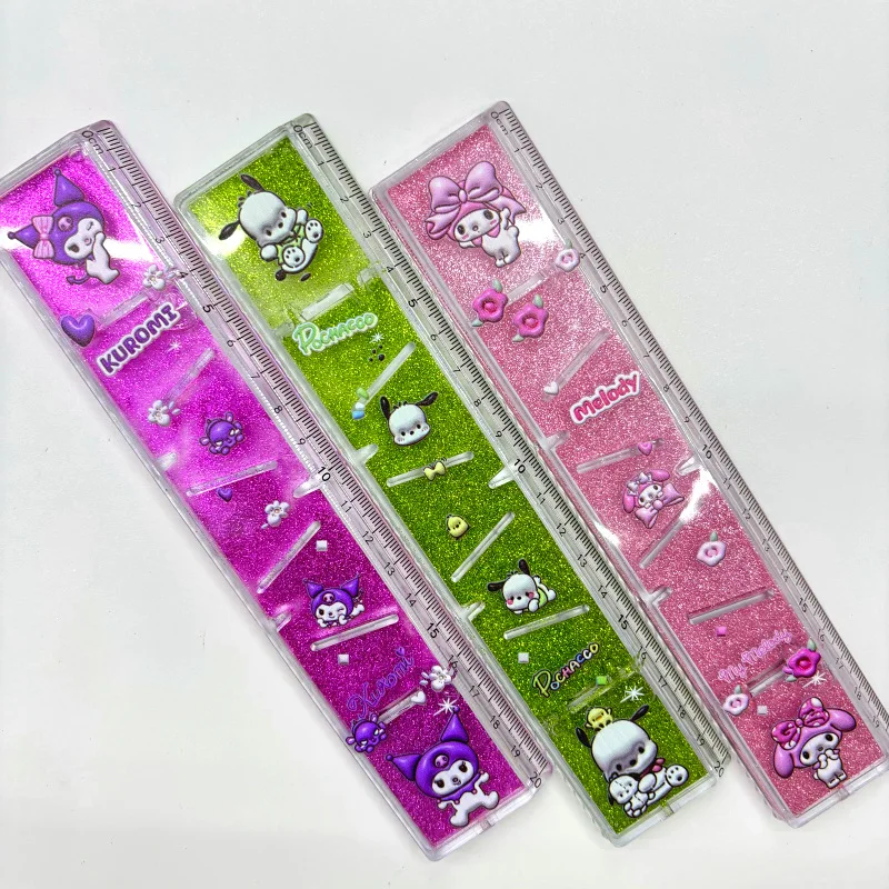 12pcs Sanrio Stationery Ruler 20cm Trapezoidal Oil Flowing Sand Ruler Sequin Glitter Powder Ruler Student Gift Prize Wholesale