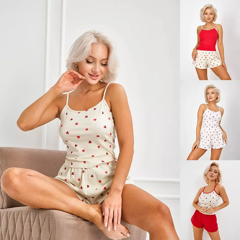 

Сексуальные пижамные комплекты с принтом, домашняя одежда, комплект из двух предметов, топ на бретельках и шорты в форме сердца, повседневная милая эластичная женская домашняя одежда