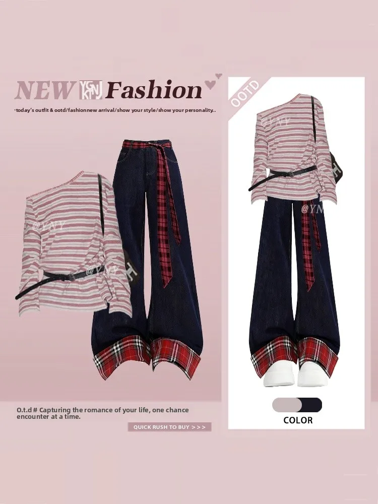 

Retro Korean Sle Striped Pink oulder Bared round Ne T irt And Jeans Set Women's Faion Spring Season Long Sve