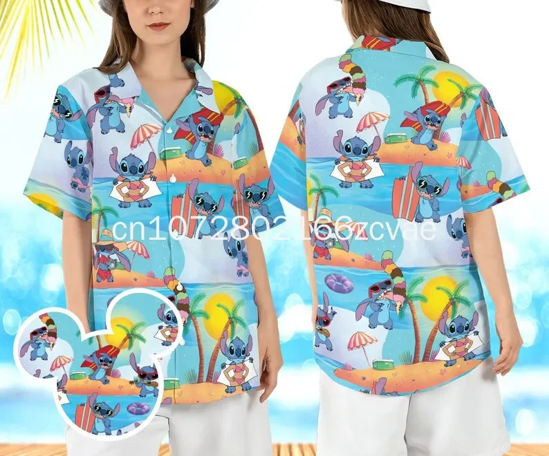 2024 New Disney Stitch Vacation Hawaiian Shirt Men And Women Button Up Hawaiian Shirt Fashion Beach Short Sleeve Shirt