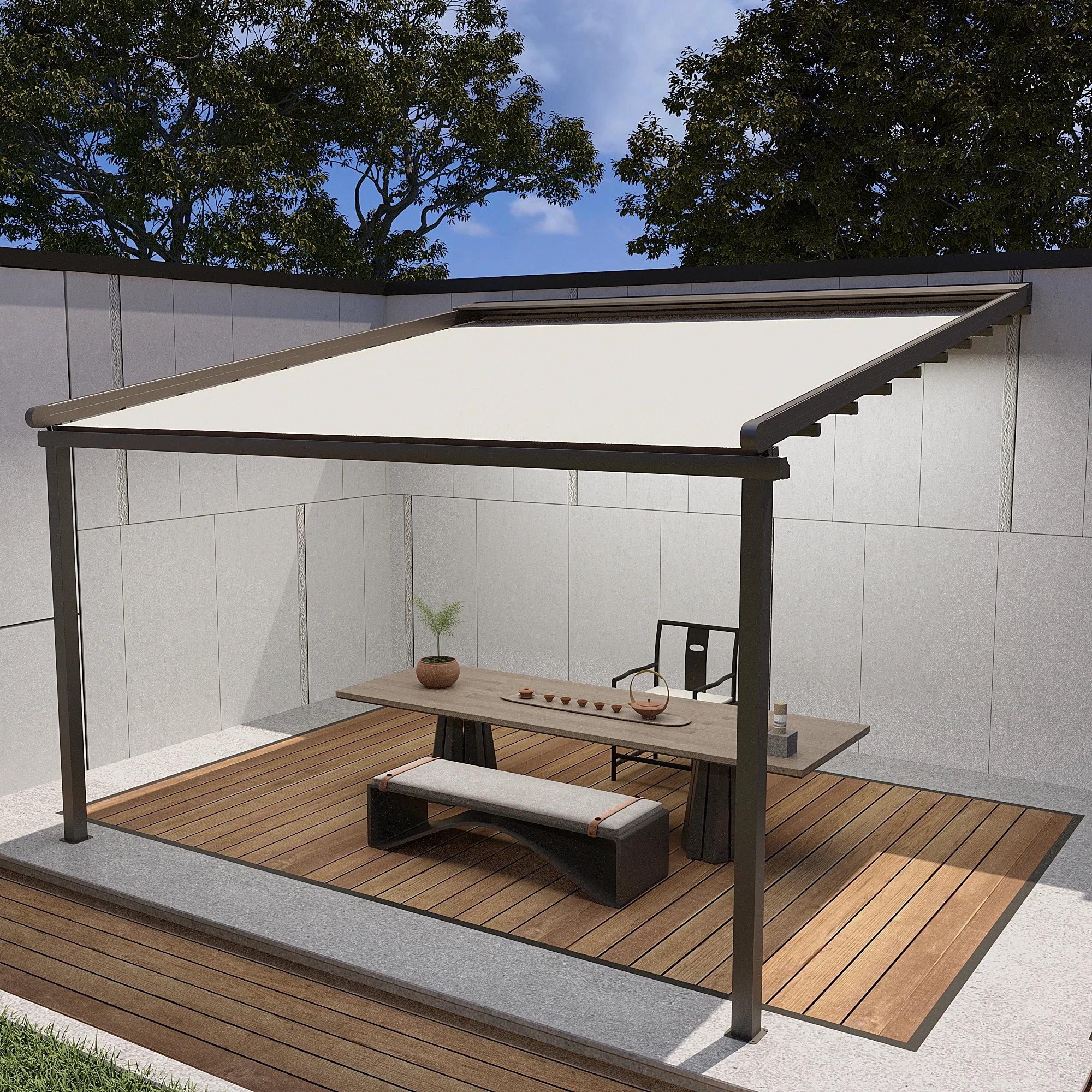Source Factory Custom Automatic Folding PVC Canopy PA Coated Aluminum Frame Outdoor Patio Sunshade Direct Supply