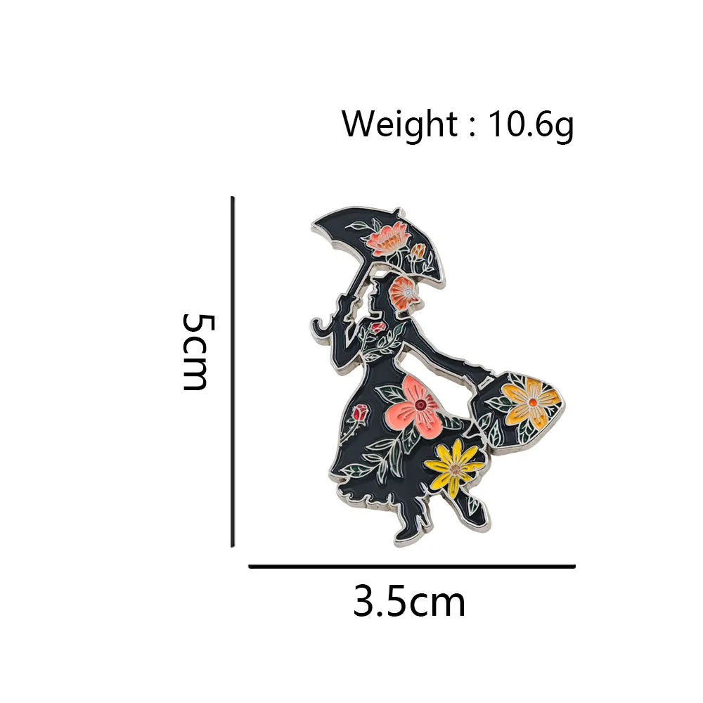 Mary Poppins Emaille-Anstecknadel Klassische Fliegende Regenschirm-Brosche Vintage Silhouette Blumen-Abzeichen Magische Nanny-Anstecknadeln Rucksack-Fans Geschenk – Detail 2