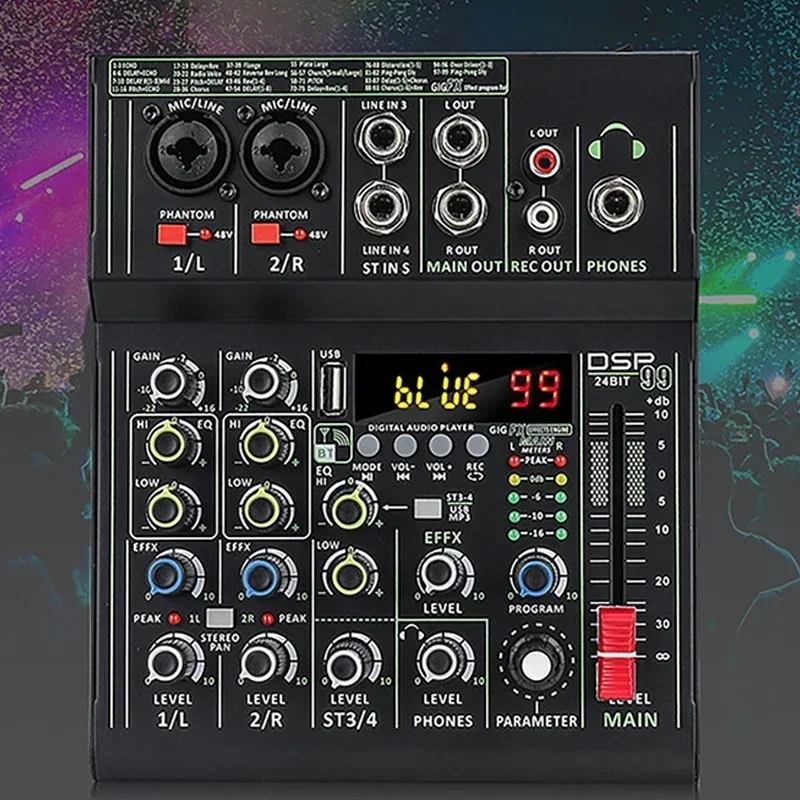 

4 Channel Audio Mixer 18dbm USB Playback Hd Display Phantom Power 99 Dsp Effects Professional Sound Card Audio Bluetooth Mixer