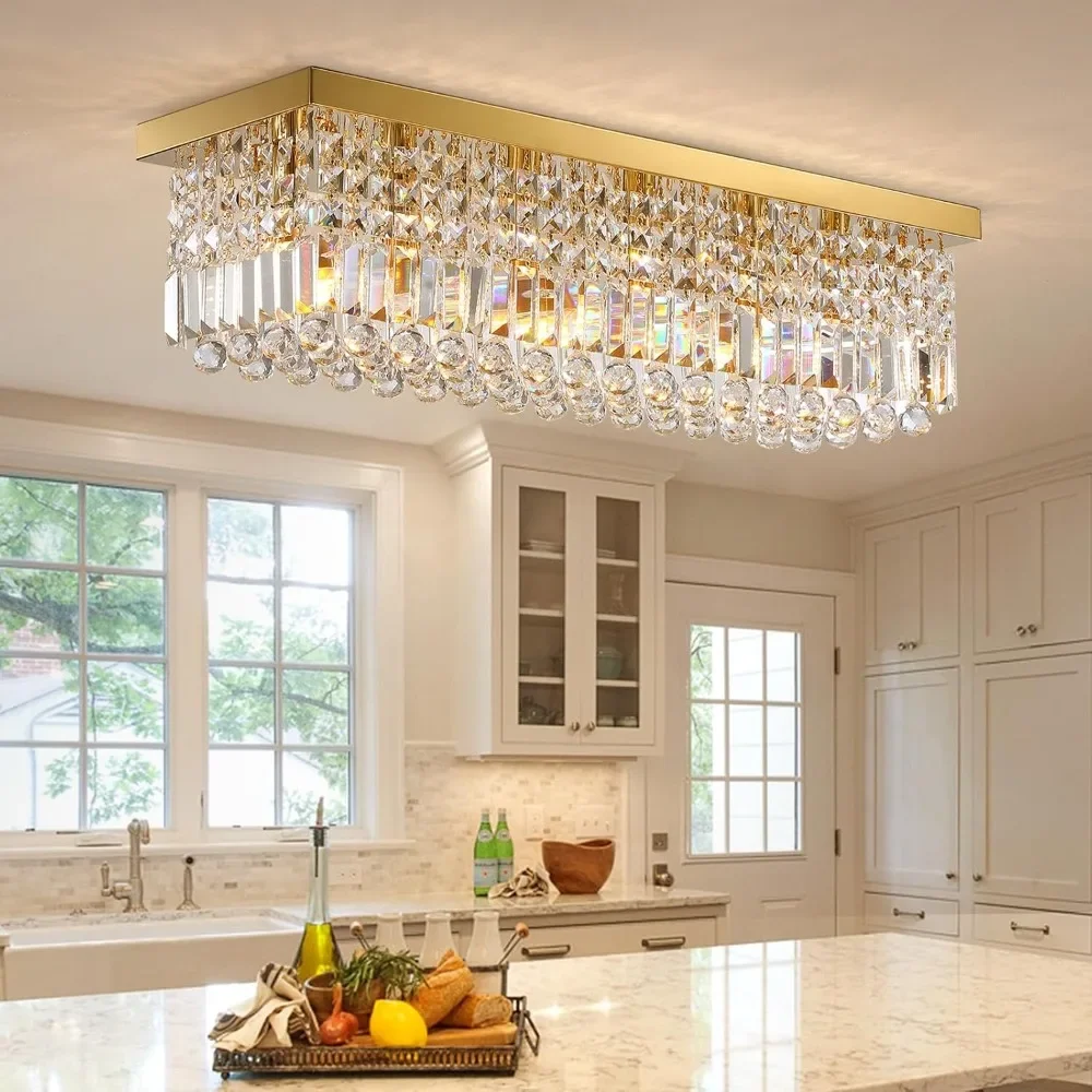 

Modern Crystal Chandelier 6-Lights Rectangle Flush Mount Pendant Ceiling Light Fixture Luxury Gold Rectangular Crystal Raindrop