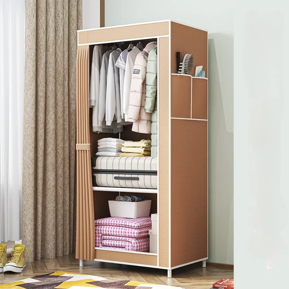 Minimalism Fabric Wardrobes Bedroom Plastic Storage Wardrobes Storage Cabinet Dust Proof Foldable Clothing Hanger with Curtains