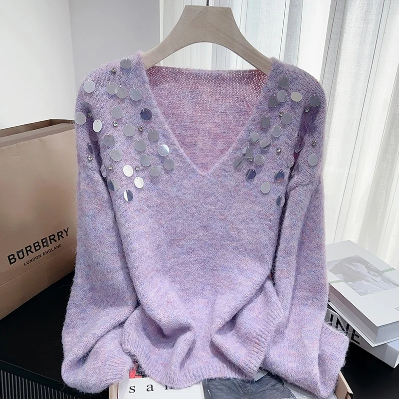 

angHai Faion V-Ne Sequin Sweater Loose Knitted High-End Ele Women's Autumn Winter Korean Sle Casual Warm Top