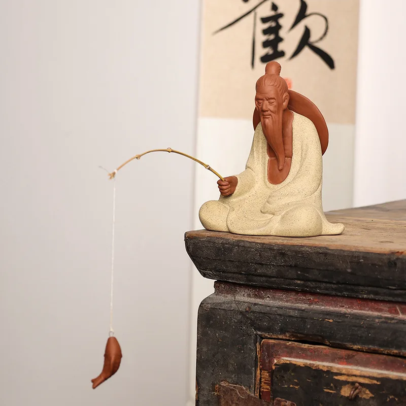 Ceramic Jiang Taigong Fishing Fisherman Figurine Miniature Landscape Ornament for Fish Tank Aquarium Bonsai Garden Decor Gift