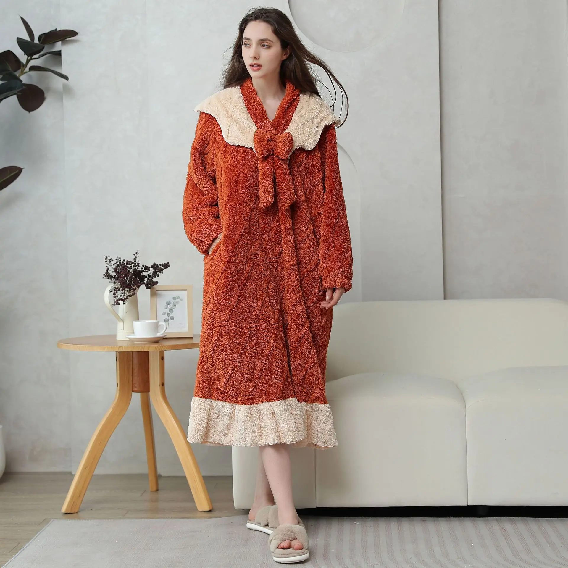 Women Home Clothes Night Dress Nightgowns Jacquard Dress Flannel Sleepwear Thickened Plus Size Soft Warm Winter