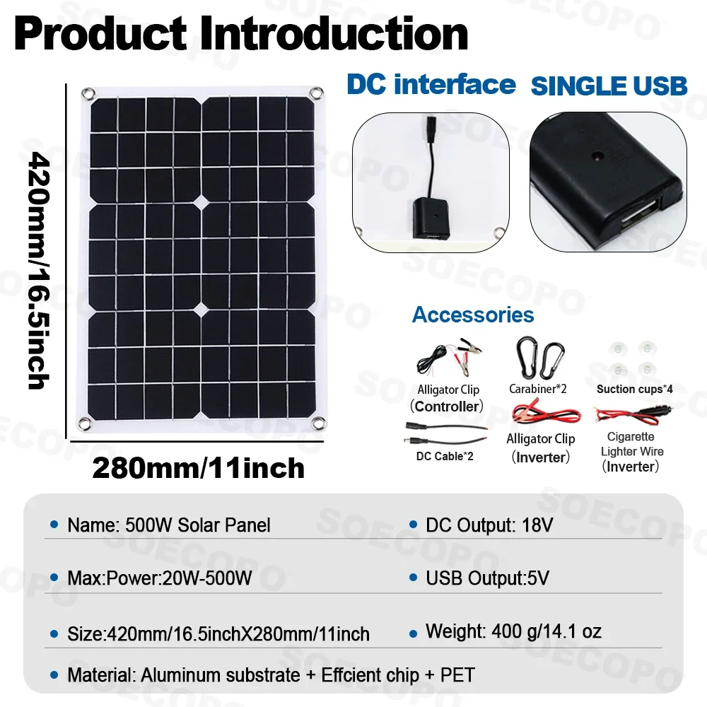 SOECOPO 6000W Solar System Kit 2*500W Solar Panls for Full Field House 100A Controller Camping DC 12V - AC 110V/220V Inverter