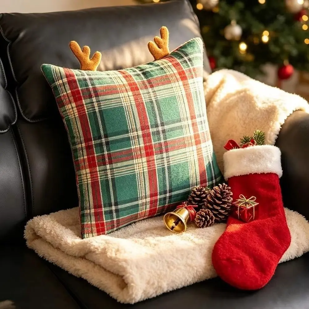 Creative Plaid Christmas Pillow Cover Festive Antlers Cushion Pillowslip Decorative Square Throw Pillow Cover Sofa