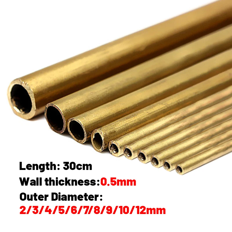 Tabung Kuningan DIY, pipa kuningan Diameter bulat 2/3/4/5/6/7/8/9/10/12mm panjang 300mm 0.5mm batang kuningan dinding, alat pemotong model