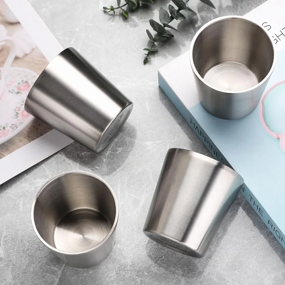 175ml Double Walled Stainless Steel Mugs 4pcs Shatterproof Stackable Cups For Camping Hiking Picnic Home Drinkware