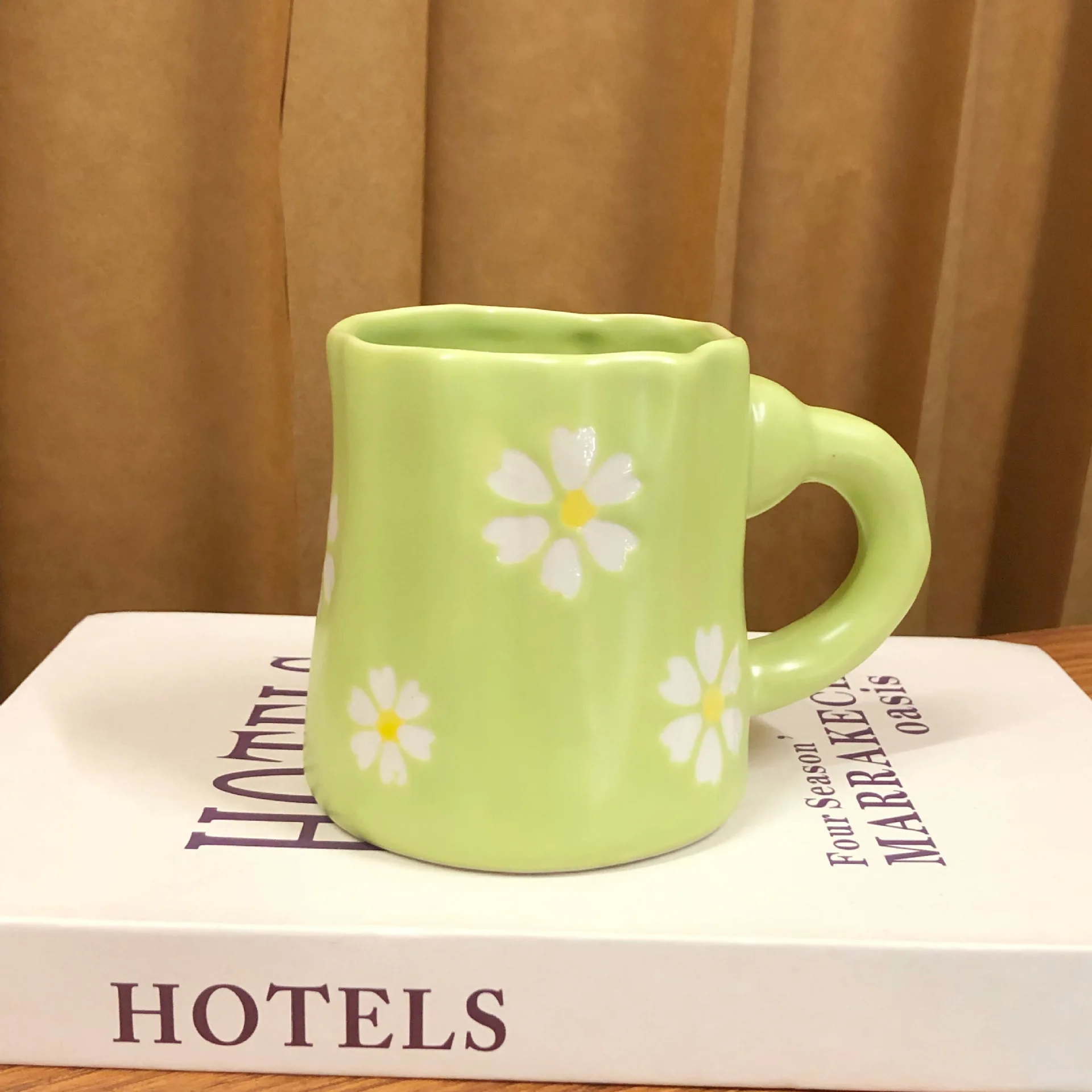 Korean Style Hand Pinched Mug Cup Hand Painted Not Specification Small Daisy Ceramic Cup Milk Cup Breakfast Cup Couple Cup