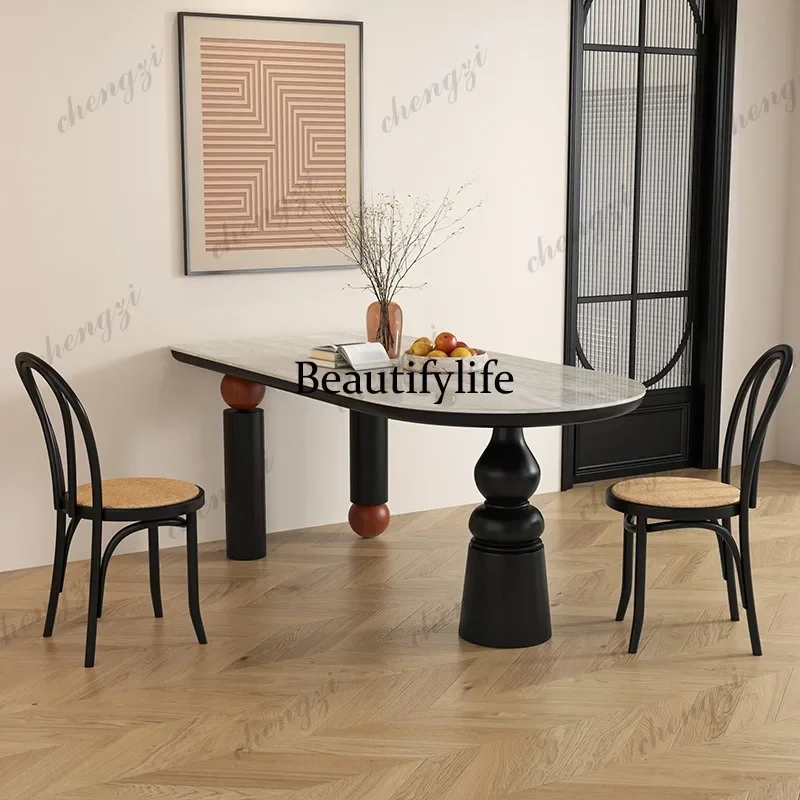 D80 French retro solid wood dining table high-end slate small apartment creative semi-oval island dining table