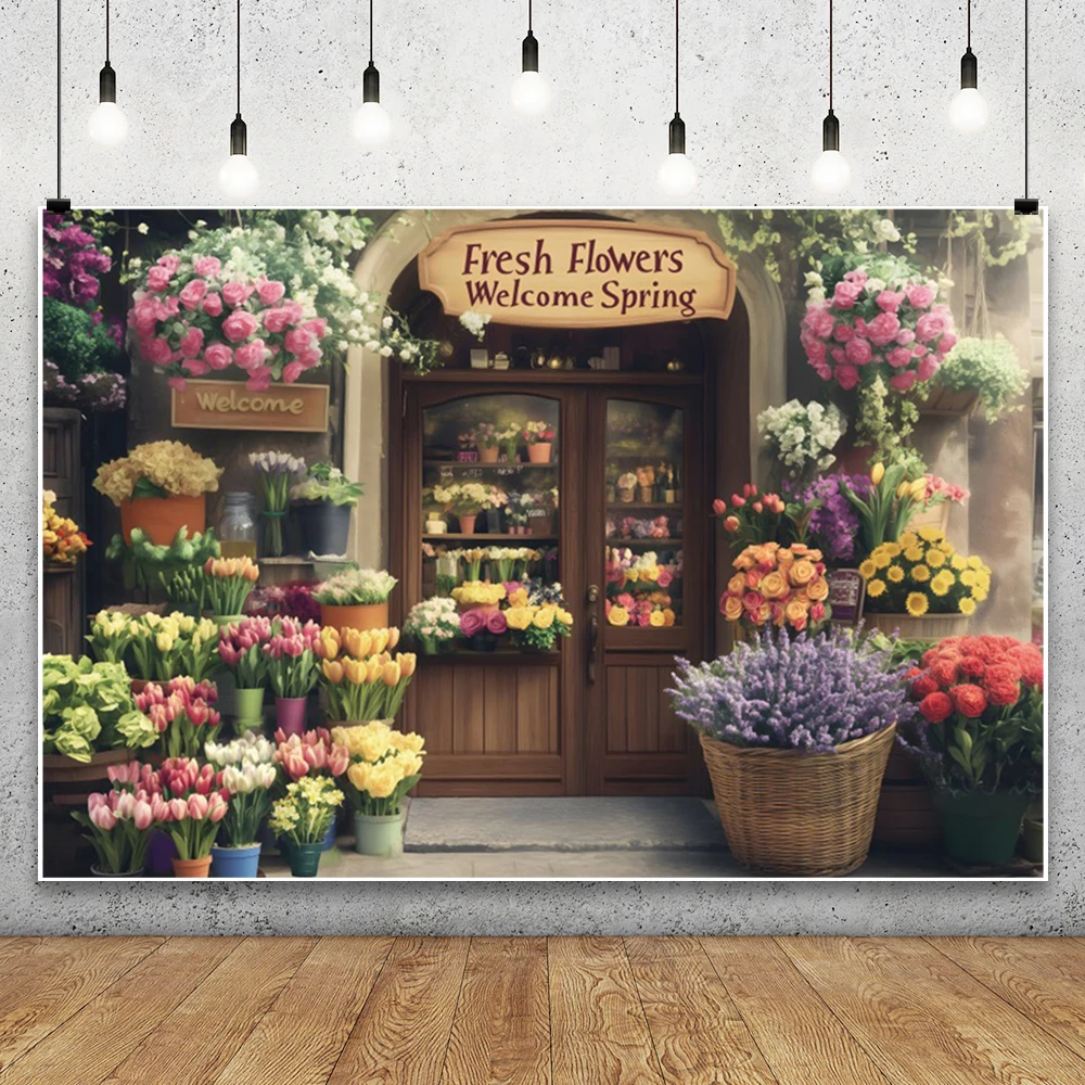 Flowers Shop Photography Background Vintage Wooden Door Hanging Basket Flowerpot Indoor Decor arty Backdrop Photo Studio