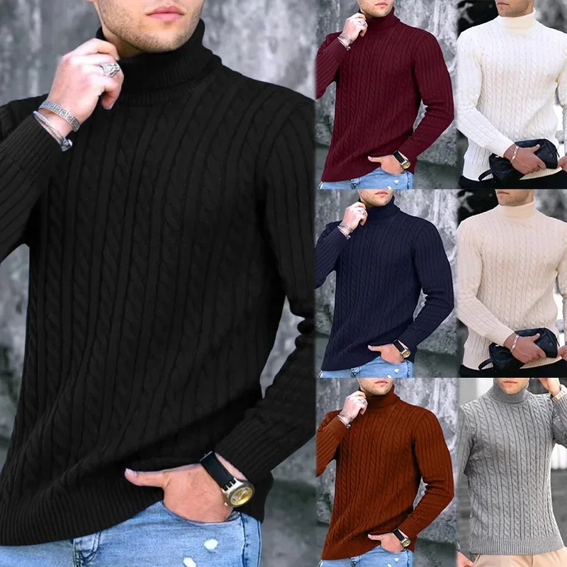 

2023 Men's Winter Youth New High Neck Thick Striped Sweater Underlay Men's Wear