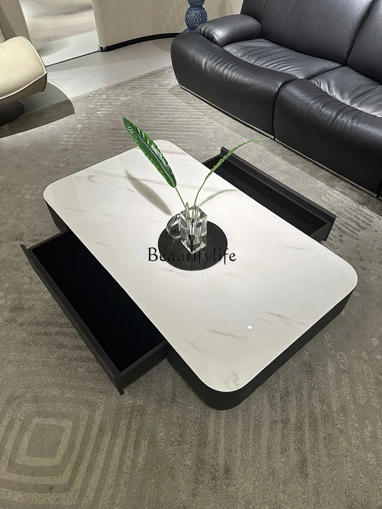 

03.Modern minimalist coffee table, marble square living room, black oak coffee table