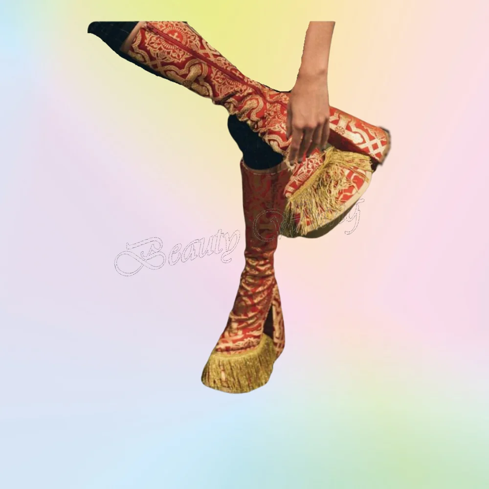 

Red Fringe Decor Long Boots Platform Side Zipper Shoes Chunky Thick High Heel Shoes for Women Shoes 2025 Zapatos Para Mujere