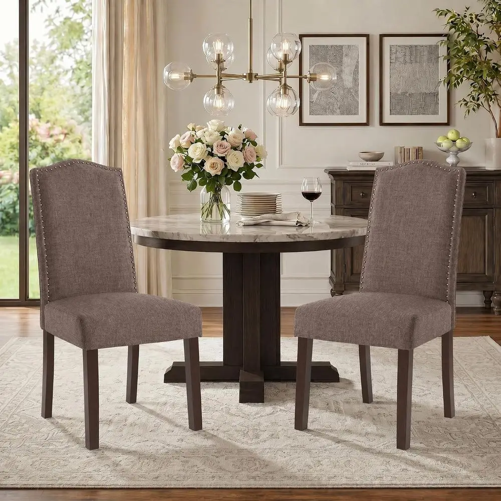 Upholstered Dining Chair ern Stylish Kitchen Diner abric Set o 2 | Silver NailTrim & Wood Legs, High Back, Living Room Restauran