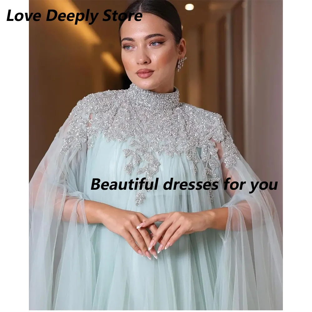 تخصيص الرقبة العالية المحدبة الترتر فساتين السهرة الأكمام الطويلة مطوي الطابق طول فساتين السهرة فساتين الحفلات الرسمية #4