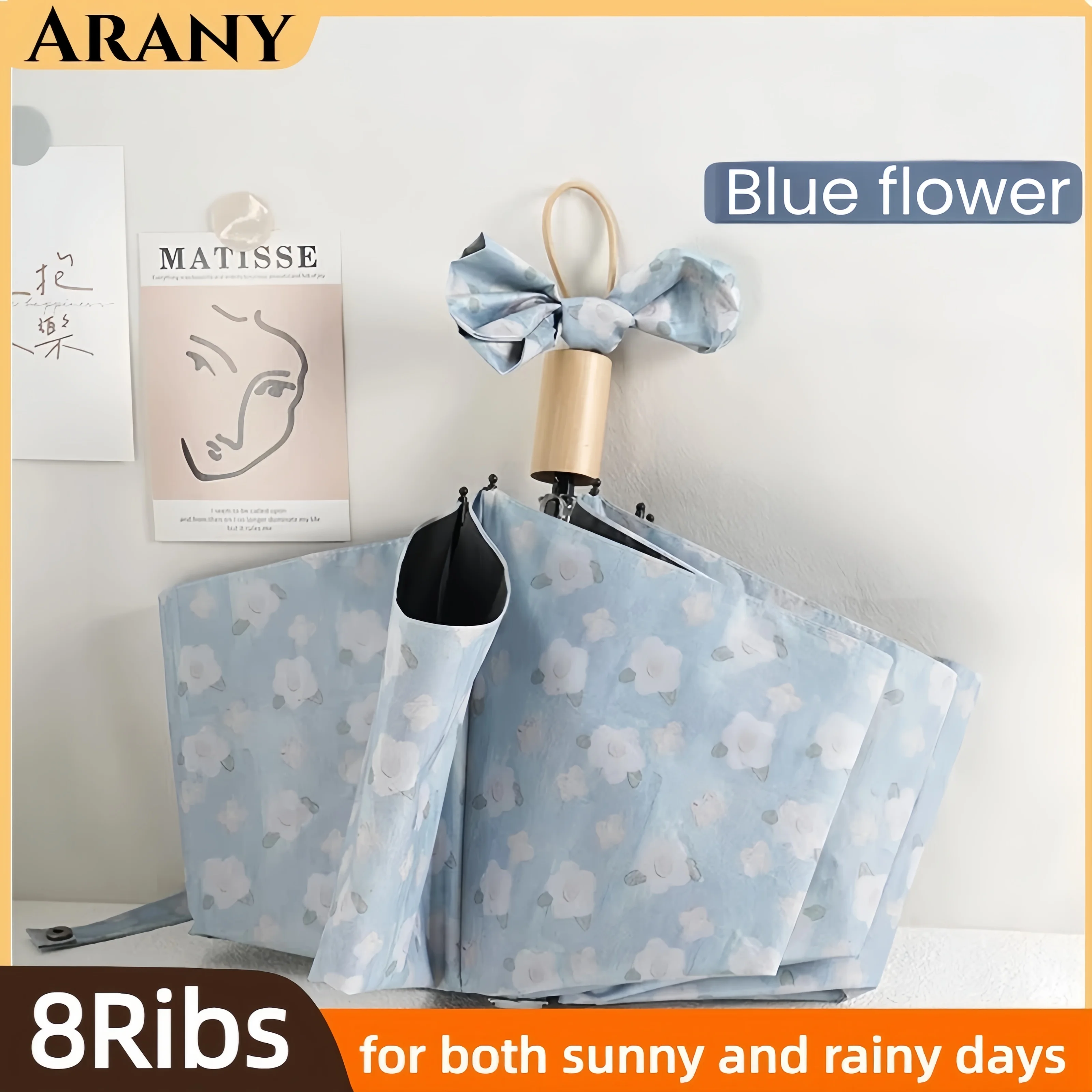 

ARANY Blue Little Flower Automatic Sun Umbrella Ins Style Vinyl Folding Sun Umbrella for Both Sunny and Rainy Days for Girls